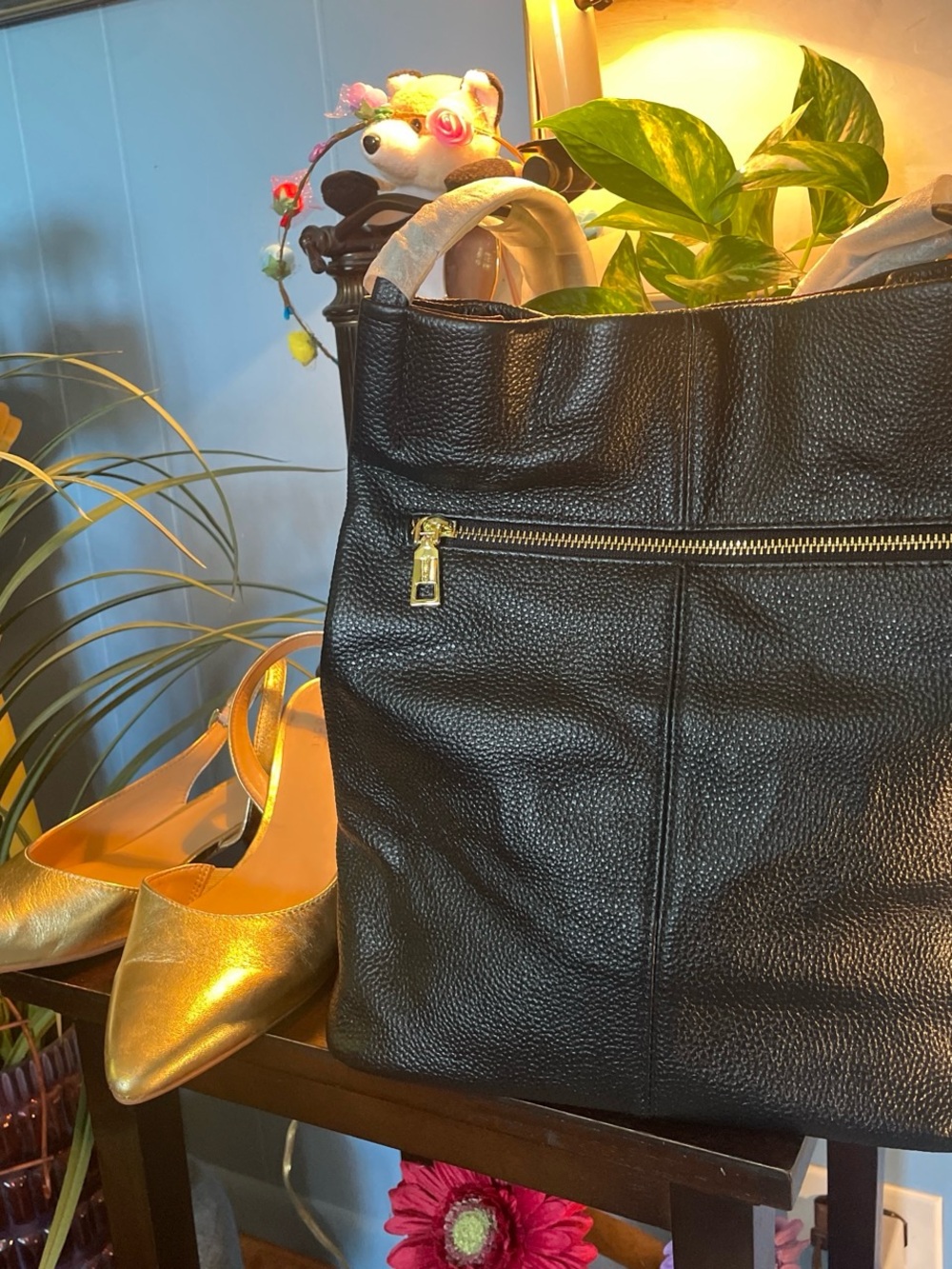 Black Pebbled Tote with Gold Zip Accent